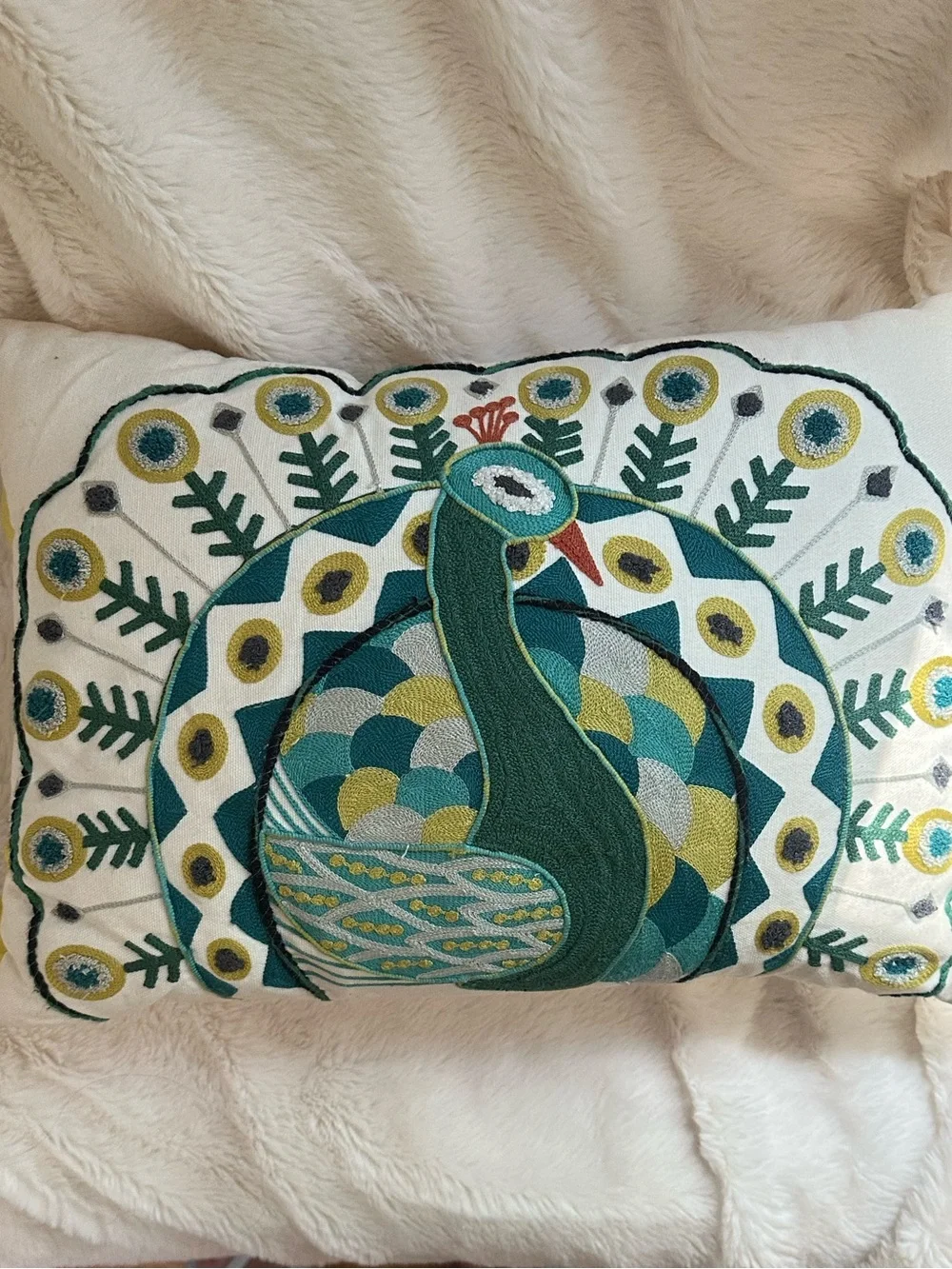 NWT Pier 1 Embroidered Peacock Throw Pillow Boho Decor Teal Green Yellow Accent